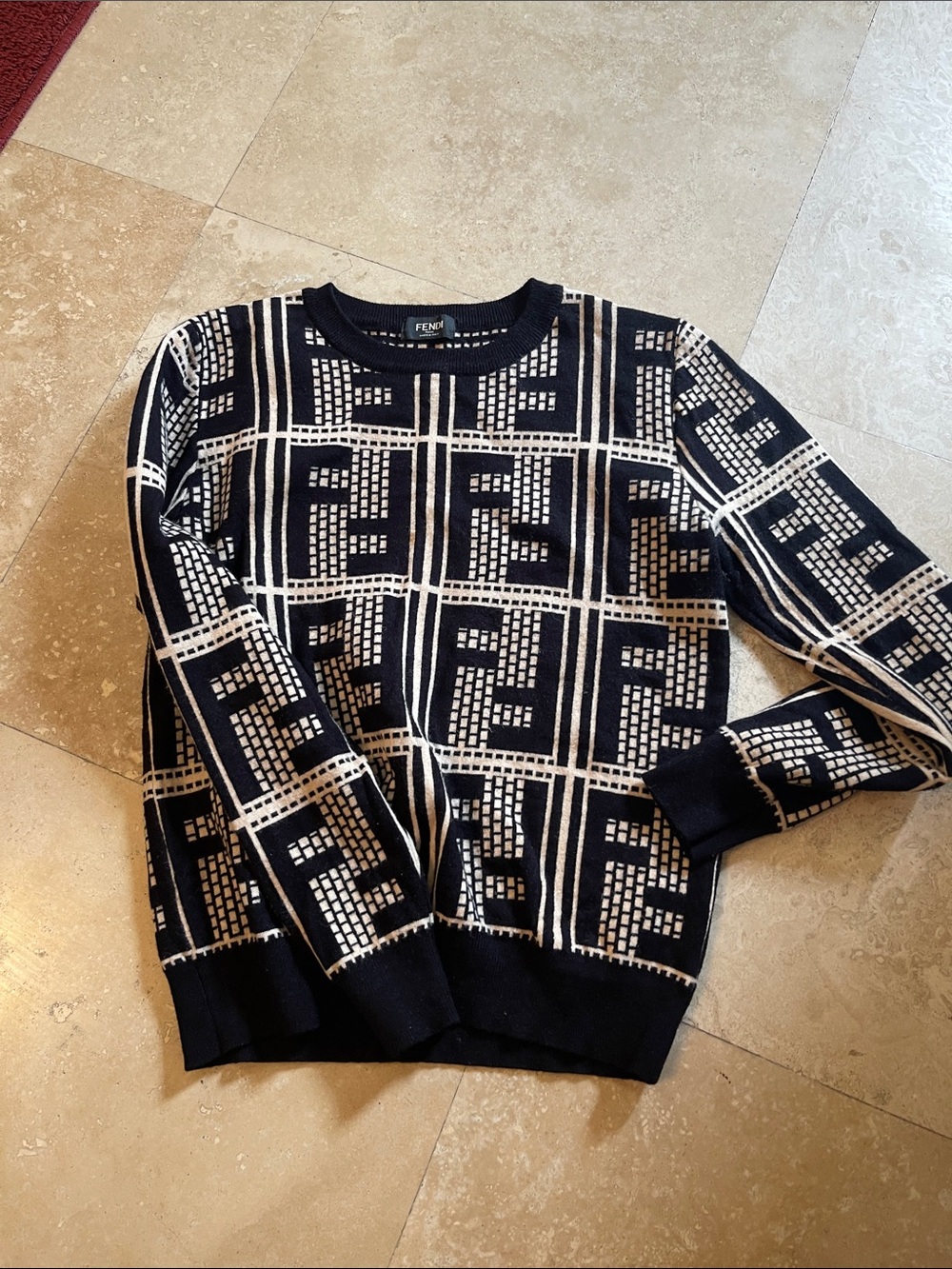 Fendi Black and White FF Grid Knit Crewneck Sweater